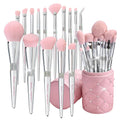 Set de Brochas de Maquillaje Bueart Design Rosa | Ultra Suaves con Portabrochas | para Base, Polvo, Rubor, Difuminado y Contorno | 15 Piezas Plateado/Rosa + Portabrochas