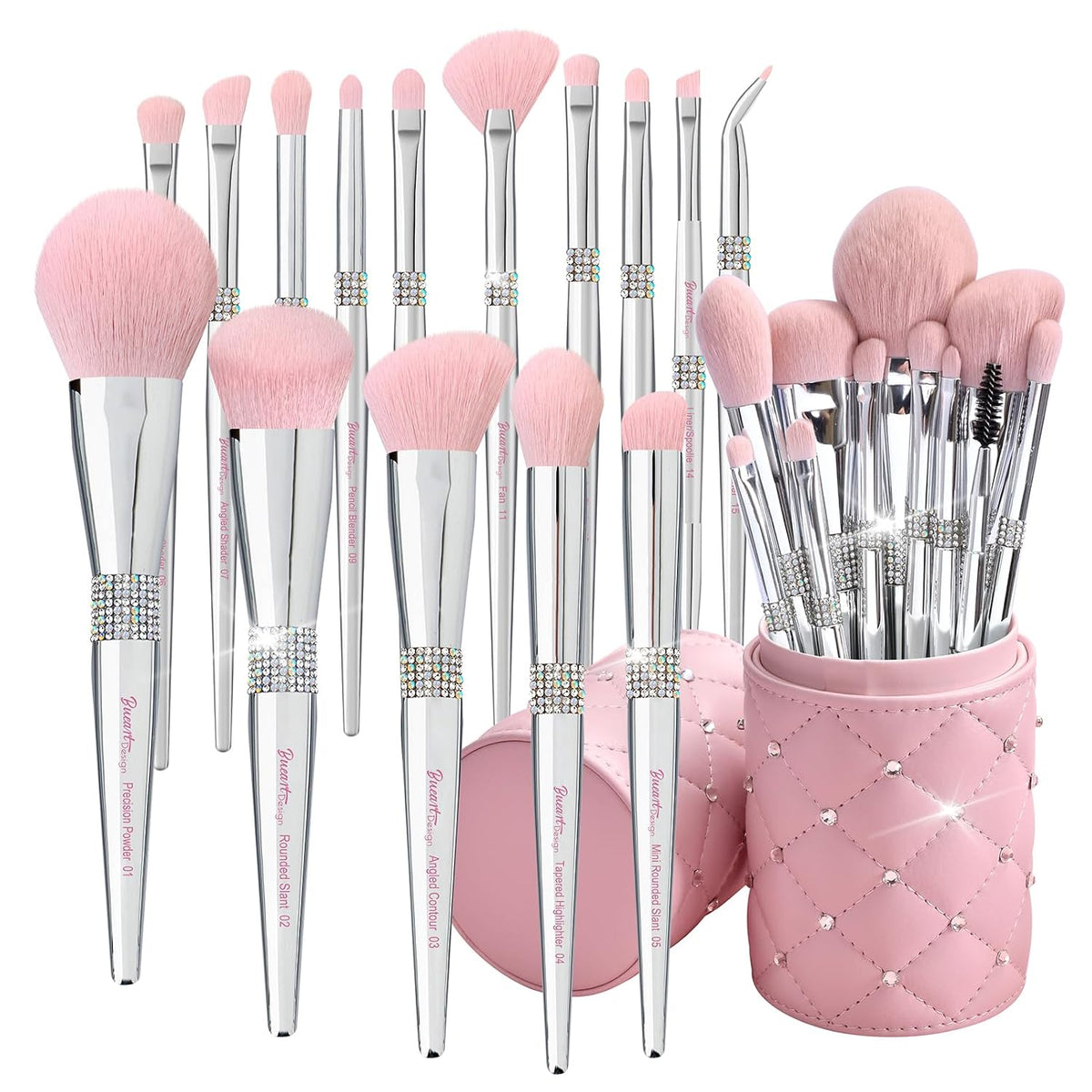 Set de Brochas de Maquillaje Bueart Design Rosa | Ultra Suaves con Portabrochas | para Base, Polvo, Rubor, Difuminado y Contorno | 15 Piezas Plateado/Rosa + Portabrochas