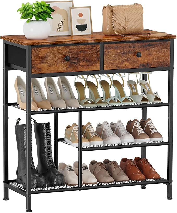 Zapatero Organizador 4 Niveles con 2 Cajones – Estantes de Metal, Tapa de Madera, para Entrada y Armario