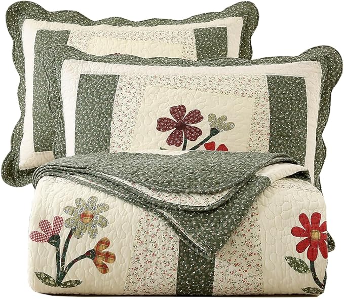vctops Farmhouse - Juego de edredón de 2 piezas bordado floral de color verde