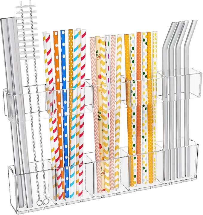 Mpotmiy Soporte Grande de Pajitas de Acrílico de 9.5" para Puerta de Gabinete - Organizador de Pajitas para Vaso Reutilizable con Cinta Adhesiva Ultra Pegajosa, Contenedor de Accesorios de Cocina