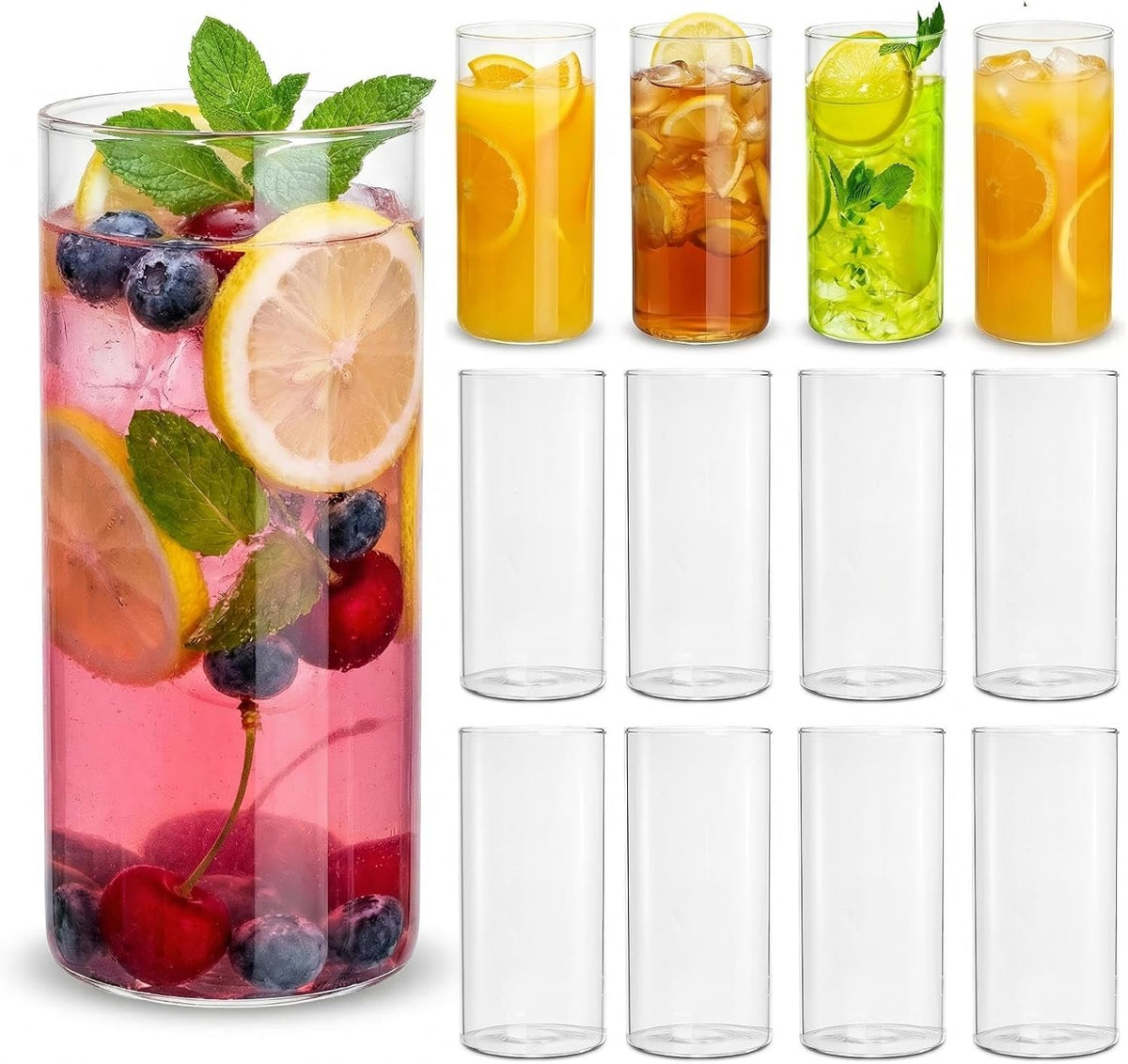 Mezchi Set de 12 Vasos de Agua | Vasos Highball Delgados 17 oz | Vasos Altos Ligeros Tipo Cristal Collins para Agua, Jugo, Coctel, Mojito y Whisky