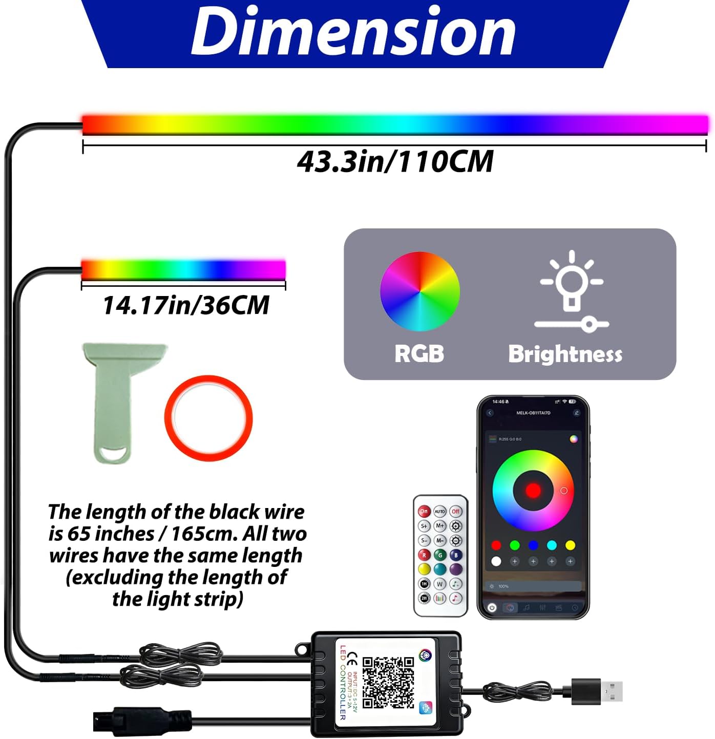 RGB-IC - Tira de luces LED para automóvil, luces interiores de coche, aplicación y control remoto, kit de iluminación ambiental con 16 millones de colores, fibra óptica y ritmo de sincronización
