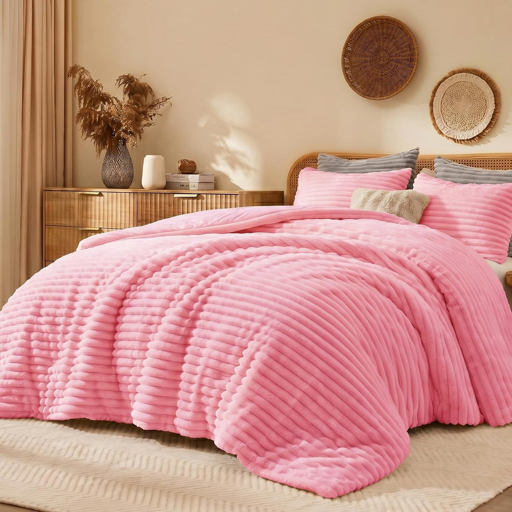 Quataly Marshmallow Queen Set de Edredon 3 Piezas | Rosa de Piel Sintetica Esponjoso y Calido para Todas las Estaciones (1 Edredon, 2 Fundas)