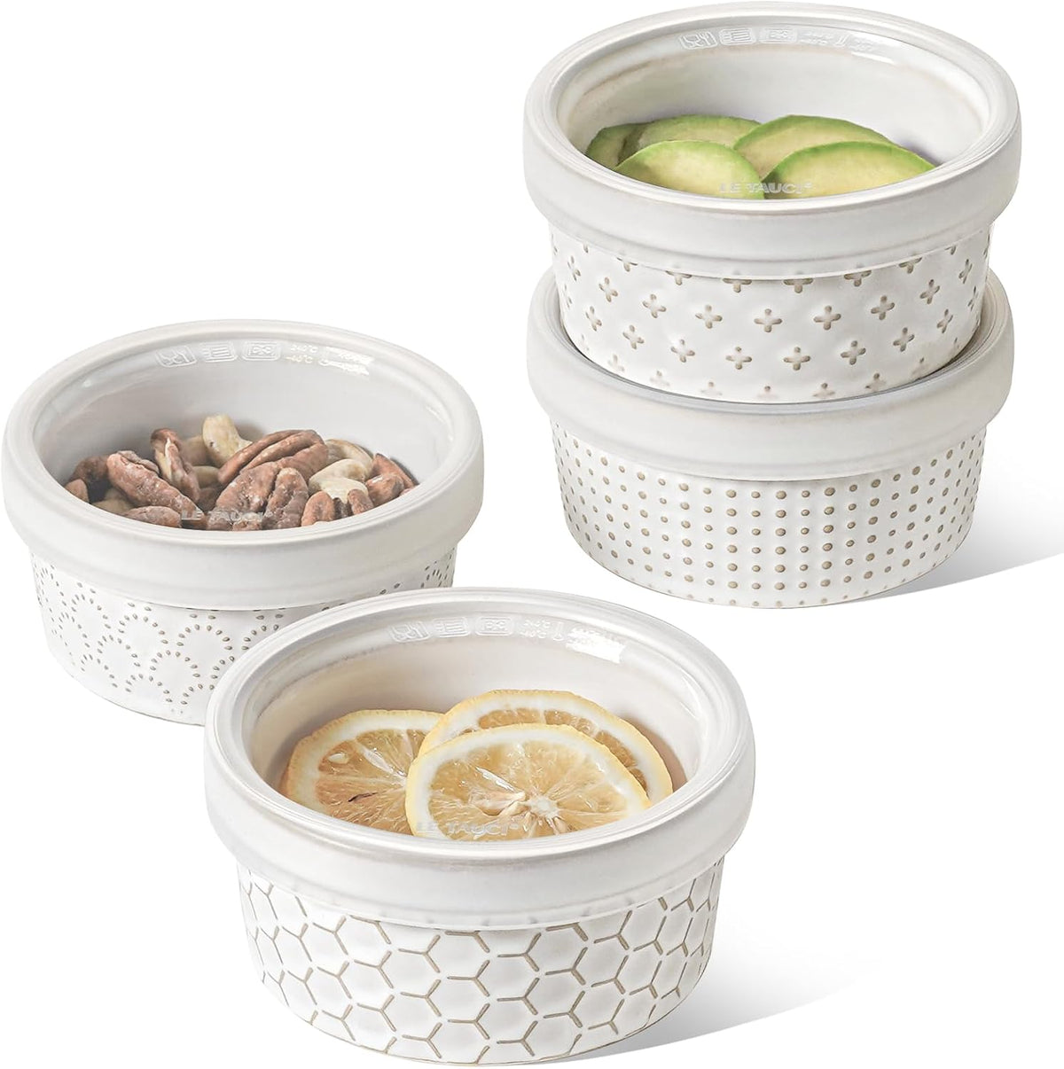 Recipientes individuales LE TAUCI aptos para horno con tapa, juego de 237 ml (8 oz) para crème brûlée, soufflé, salsas para mojar, recipientes de cerámica para almacenar alimentos, fuentes para hornear - 11,2 cm (4,4 pulgadas), juego de 4, blanco ártico