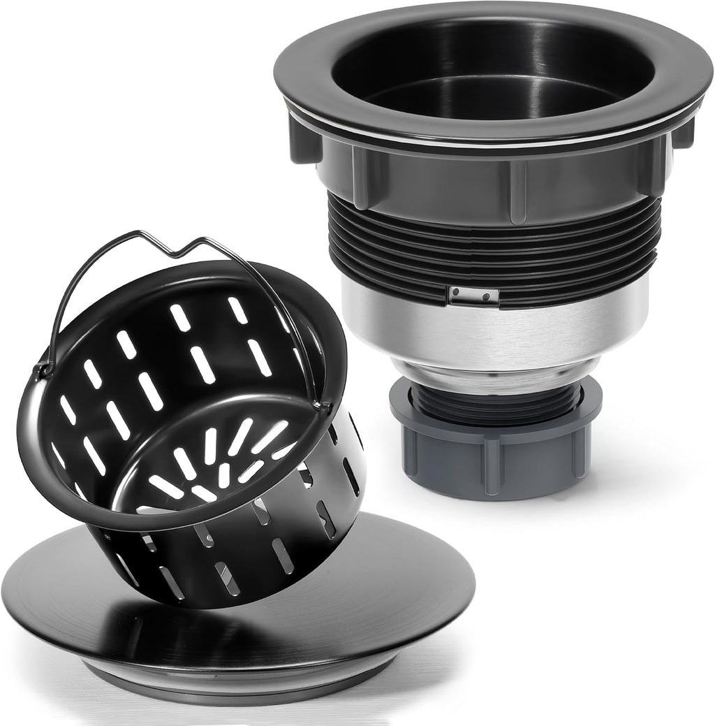 BOTEMY Kit de Desague para Fregadero de Cocina con Colador Profundo Removible | Anti-Obstruccion, Acero Inoxidable y ABS, Encaja en Fregaderos Estandar 3-1/2, Negro