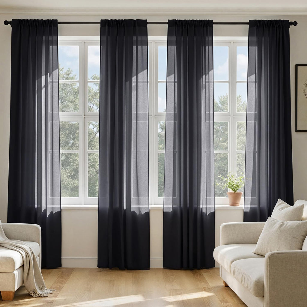 MIULEE Cortinas Sheer Negras 213cm de Largo | Set de 4 Paneles, Voile Filtrante con Bolsillo | Cortinas de Halloween 106x213cm