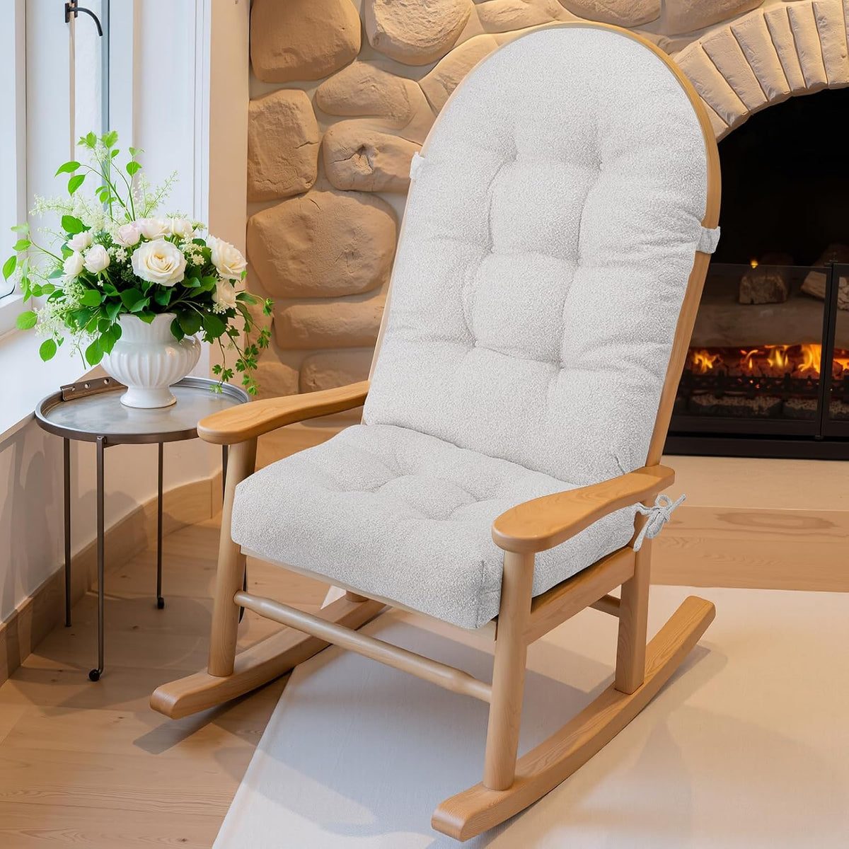 Cojín para mecedora ROFIEJOX - Lola. Tejido de algodón y lino, esponja de alta densidad, almohadillas de asiento acolchadas antideslizantes y duraderas con lazos, Lola (blanco roto), 44 x 19 x 4 pulgadas.