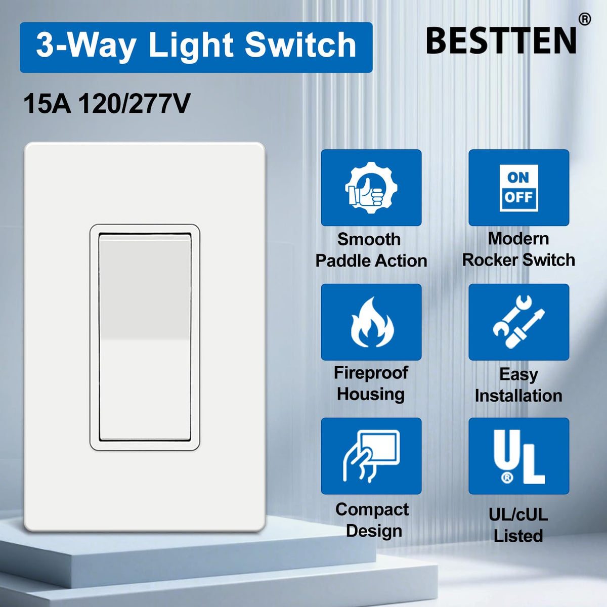 BESTTEN Paquete de 10 interruptores de luz de 3 vías con placas de pared