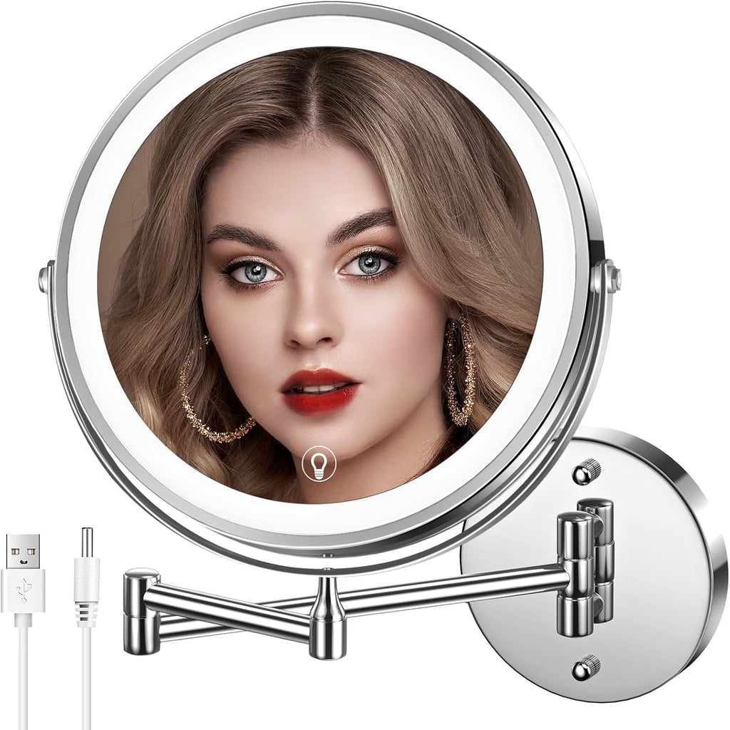 Espejo de Maquillaje Iluminado de Pared | Recargable 8 Pulgadas, Doble Cara con Aumento 1x/10x | 3 Colores de Luz  ARTICULO VIENE COMO SE MUESTRA EN LA SEGUNDA IMAGEN )ACCESORIOS SOLO CABLE USB
