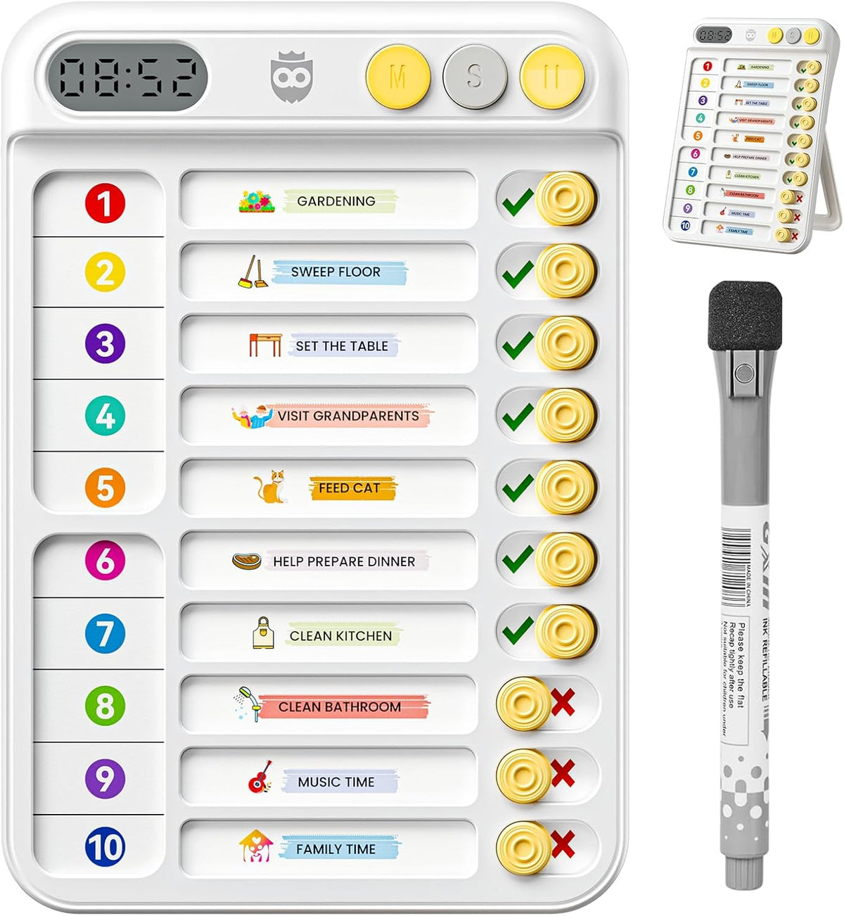 Tabla de Tareas para Ninos con Temporizador, Herramienta TDAH, Rutina de Manana y Noche con Cuenta Regresiva de 99 Minutos, Magnetica con Deslizador, Blanco