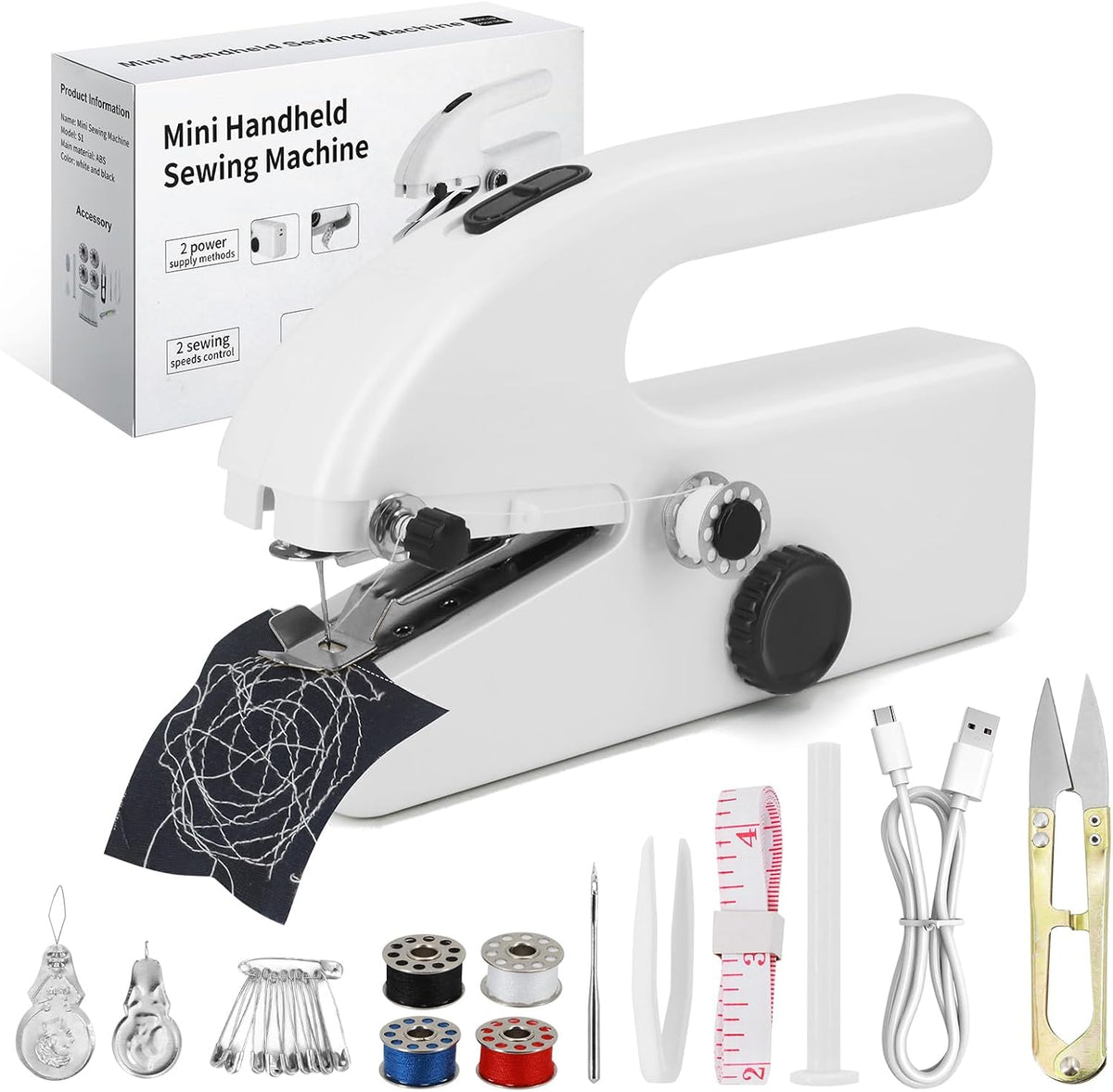 USADO-Xamanabu Maquina de Coser Portatil de Mano | Mini Maquina para Principiantes con Dos Velocidades | Costura Rapida para Ropa, Telas y Reparaciones del Hogar