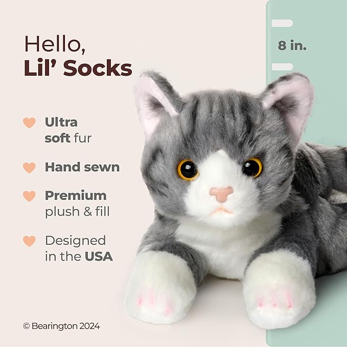 Peluche Gatito Gris Atigrado Bearington Lil' Socks – 20 cm, Suave y Realista