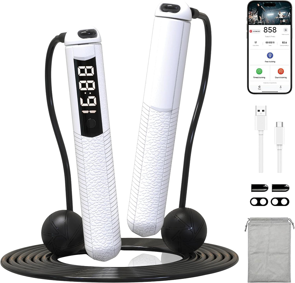 Cuerda para saltar SaintCos inalámbrica con contador, cuerda inteligente para gimnasio, quema de grasa y calorías, análisis de datos mediante aplicación, equipo de entrenamiento en casa para mujeres y hombres (blanca).