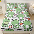 AILONEN Cartoon Green Frog Fitted Sheet Set Queen Size, Kawaii Strawberries Frog Bedding Set 3Pcs for Kids Boys Girls Room Decor,Amphibian Animal Bed Sheet Set,1 Fitted Sheet + 2 Pillowcases