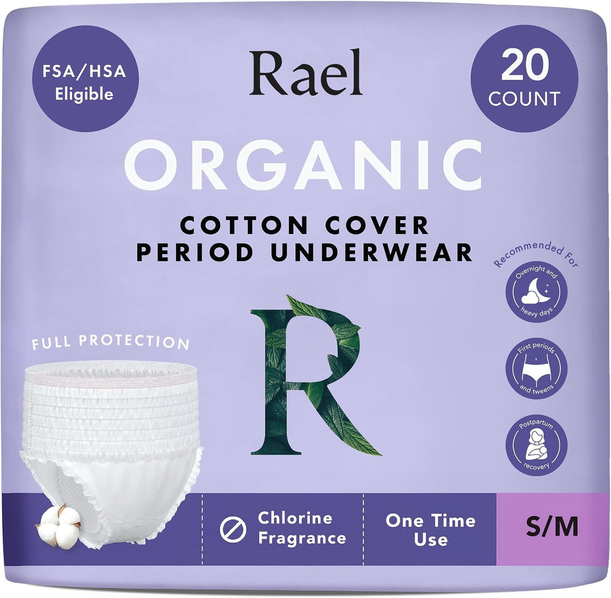 Ropa Interior Desechable Rael para Mujer Pack 20 – Algodón Orgánico, Antiescapes, Sin Perfume, Máxima Cobertura, Posparto (Talla S-M)
