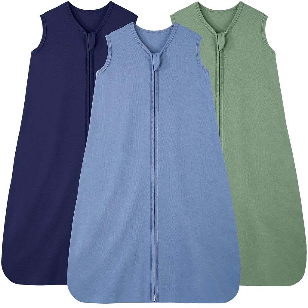 Saco de dormir FIEMOL para bebé de 12 a 18 meses, 100 % algodón, para recién nacidos y bebés, paquete de 3 mantas portátiles para bebé, saco de dormir ligero de doble cremallera de 0,5 Tog, color cian.