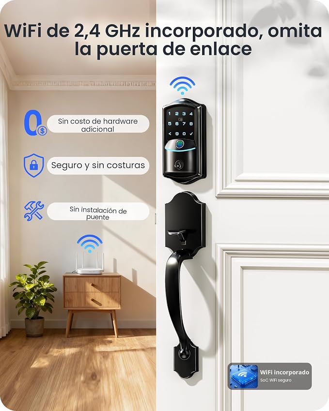 Cerradura Inteligente Veise VE027-H con Wi-Fi y Huella Digital — Control por App y Voz, Teclado Táctil, Auto-Bloqueo, Negro Mate