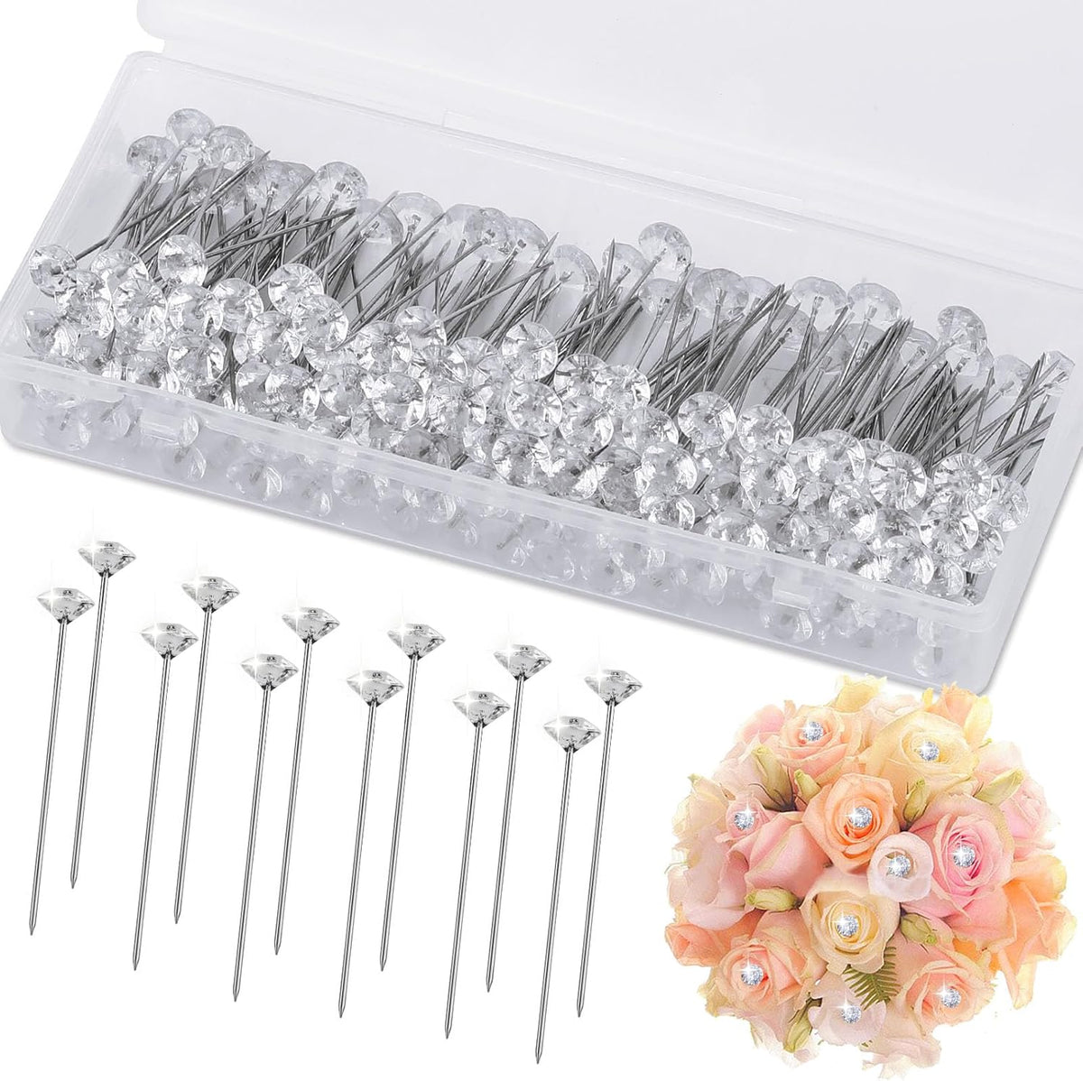 Alfileres para Ramos y Corsages Zxiixz 200pcs — 2 Pulgadas con Cabeza de Diamante para Bodas, Joyería y Manualidades