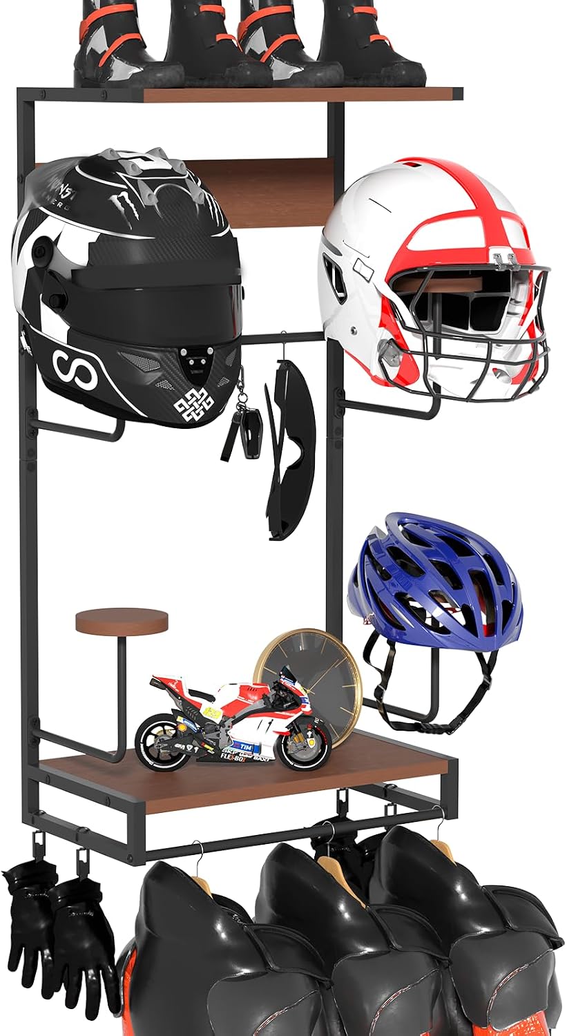 Soporte de pared para casco de motocicleta GHWMYD, estante rústico para casco con 4 soportes para sombreros y 2 estantes de madera, almacenamiento de accesorios para motociclistas para hombres, 4 clips, 5 ganchos para colgar guantes, llaves y chaquetas.
