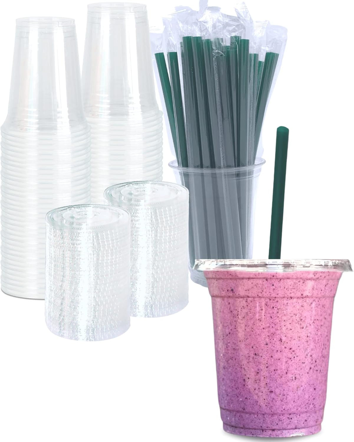 Vasos Plásticos Claros 355 ml Tapas Pajillas, Vasos Desechables Bebidas Frías, Café Helado Licuados, 25 juegos