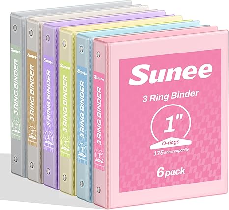 SUNEE 1 Inch Binders 3 Ring 6 Pack, Clear View Three Ring Binders PVC-Free (Fit 8.5x11 Inches) for School or Office Supplies, Pastel Binder