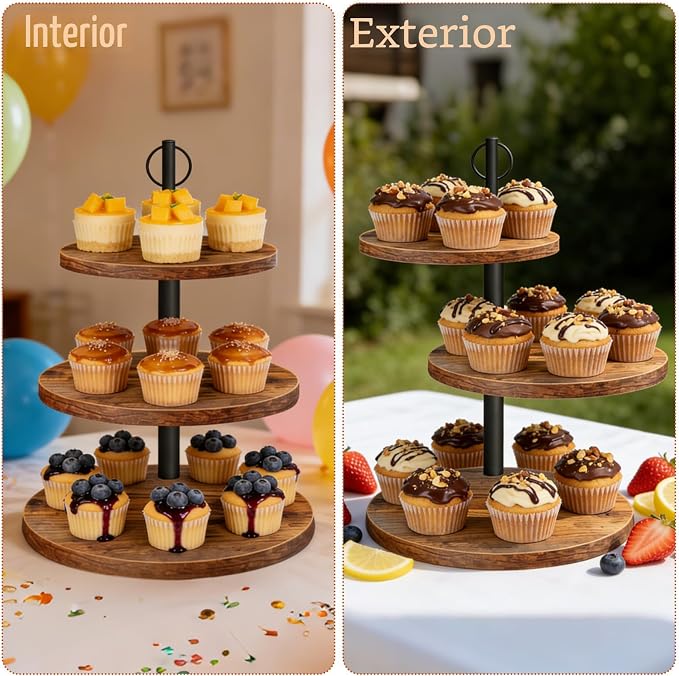 Soporte para Cupcakes de 3 Niveles – Torre de Madera Rústica para Mesa de Postres (1 Unidad)
