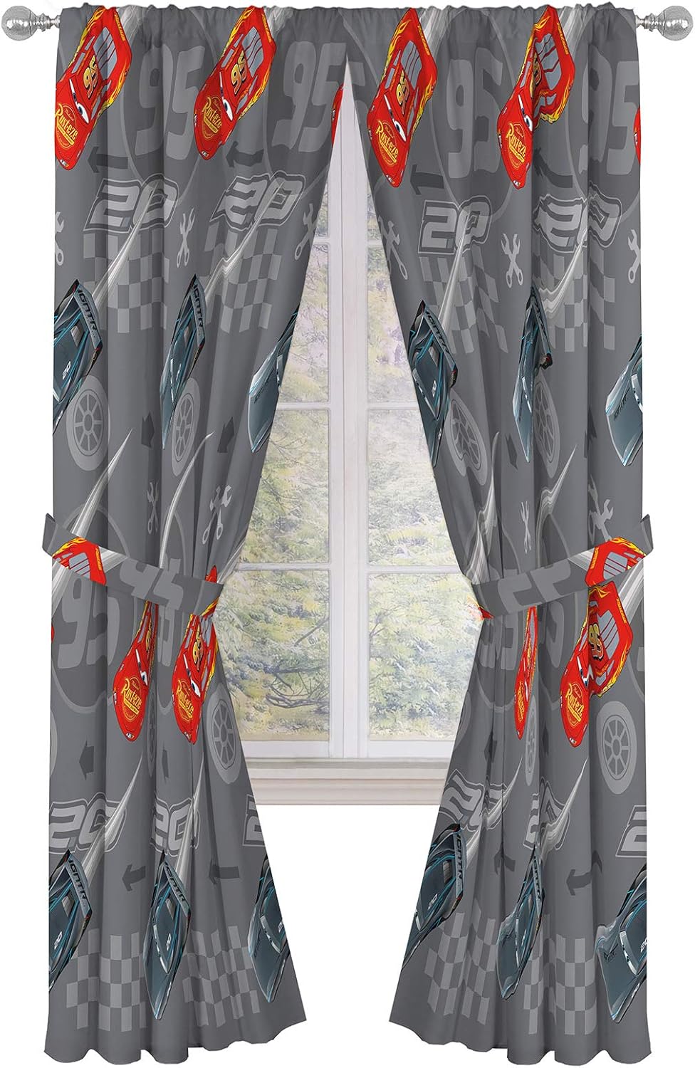 Cortinas Jay Franco Disney Pixar Cars Lightning Speed de 84 pulgadas - Hermosa decoración para la habitación y fácil instalación, la ropa de cama presenta a Lightning McQueen - Las cortinas incluyen 2 alzapaños, juego de 4 piezas