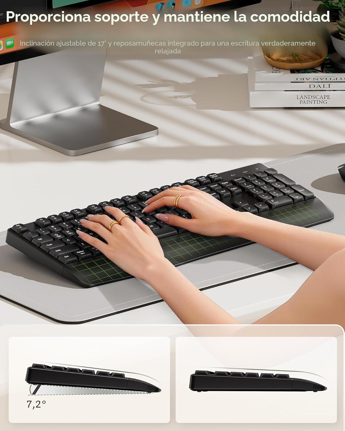 seenda COE200 - Combo de teclado inalámbrico Bluetooth, teclado ergonómico con reposamuñecas, mouse silencioso, conexión multidispositivo, compatible de tamaño completo para PC con Windows, laptop, MacBook, color negro