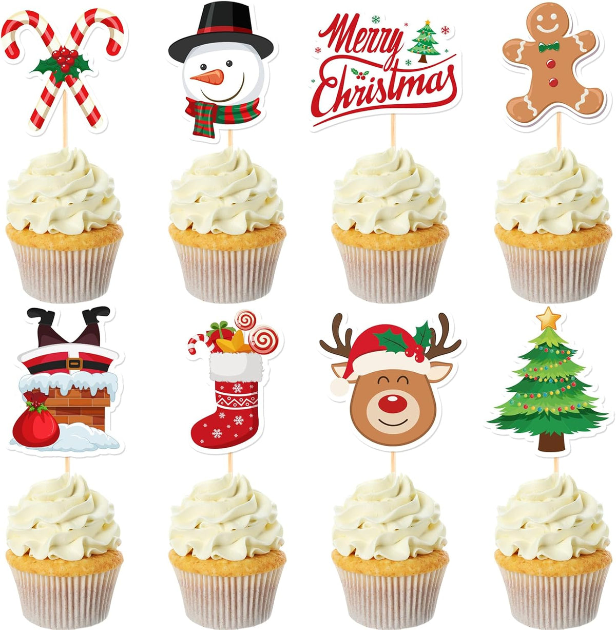 Toppers para Cupcakes Navidenos NEBURORA 64 Piezas — Santa, Muneco de Nieve y Banderas Decorativas