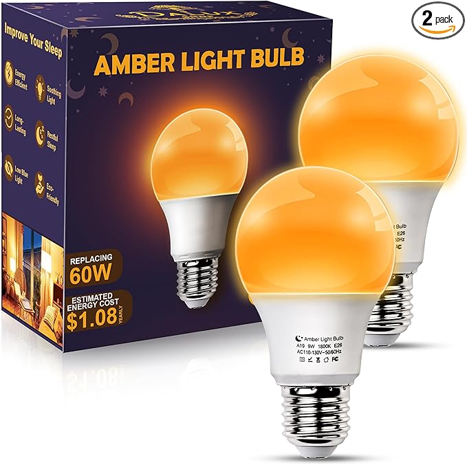 Bombillas ámbar para dormir, bloqueo de luz azul, A19 de 9 W (equivalente a 60 vatios), bombillas tenues para lámpara, bombilla cálida de 1800 K, E26 para un sueño saludable, dormitorio