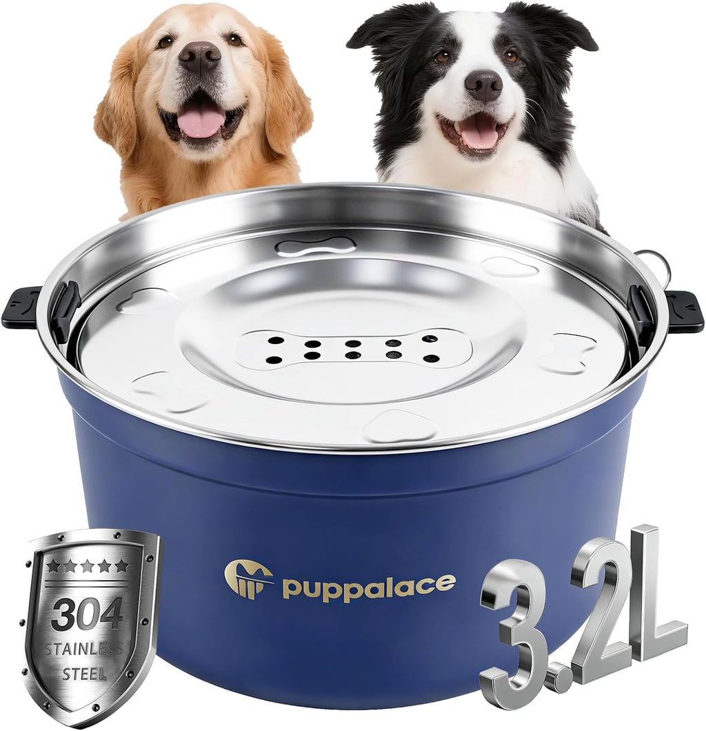 Puppalace Tazon de Agua de Acero Inoxidable 108 oz sin Derrames para Perro | Diseno Antisalpicaduras para Bebedores Desordenados | Facil de Limpiar, Base Antideslizante | Gran Capacidad | Azul