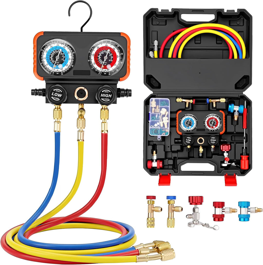 Set de Manómetros para AC Sejaede | Manifold de 3 Vías para R22, R410A y R134a | con Válvulas de Seguridad, Mangueras de 5 pies, Adaptadores y Toma Universal | Kit de Recarga de Refrigerante