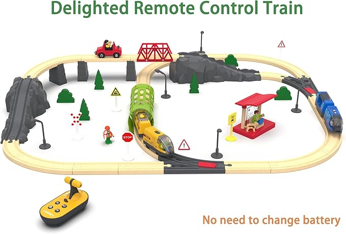 Tren a pilas para pista de madera, juego de tren eléctrico que incluye locomotora de control remoto y túnel de tren, juguete de tren motorizado para niños pequeños