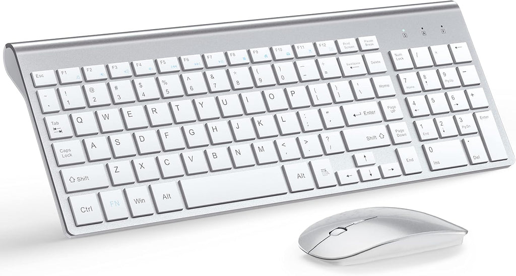 Combo ultradelgado de teclado y ratón inalámbricos TopMate 2.4G silenciosos y compactos con USB, ratón de 2400 DPI y teclado con interruptores de tijera, con funda y pilas incluidas, para PC/portátil/Windows/Mac - Blanco plateado