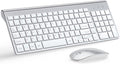 Combo ultradelgado de teclado y ratón inalámbricos TopMate 2.4G silenciosos y compactos con USB, ratón de 2400 DPI y teclado con interruptores de tijera, con funda y pilas incluidas, para PC/portátil/Windows/Mac - Blanco plateado