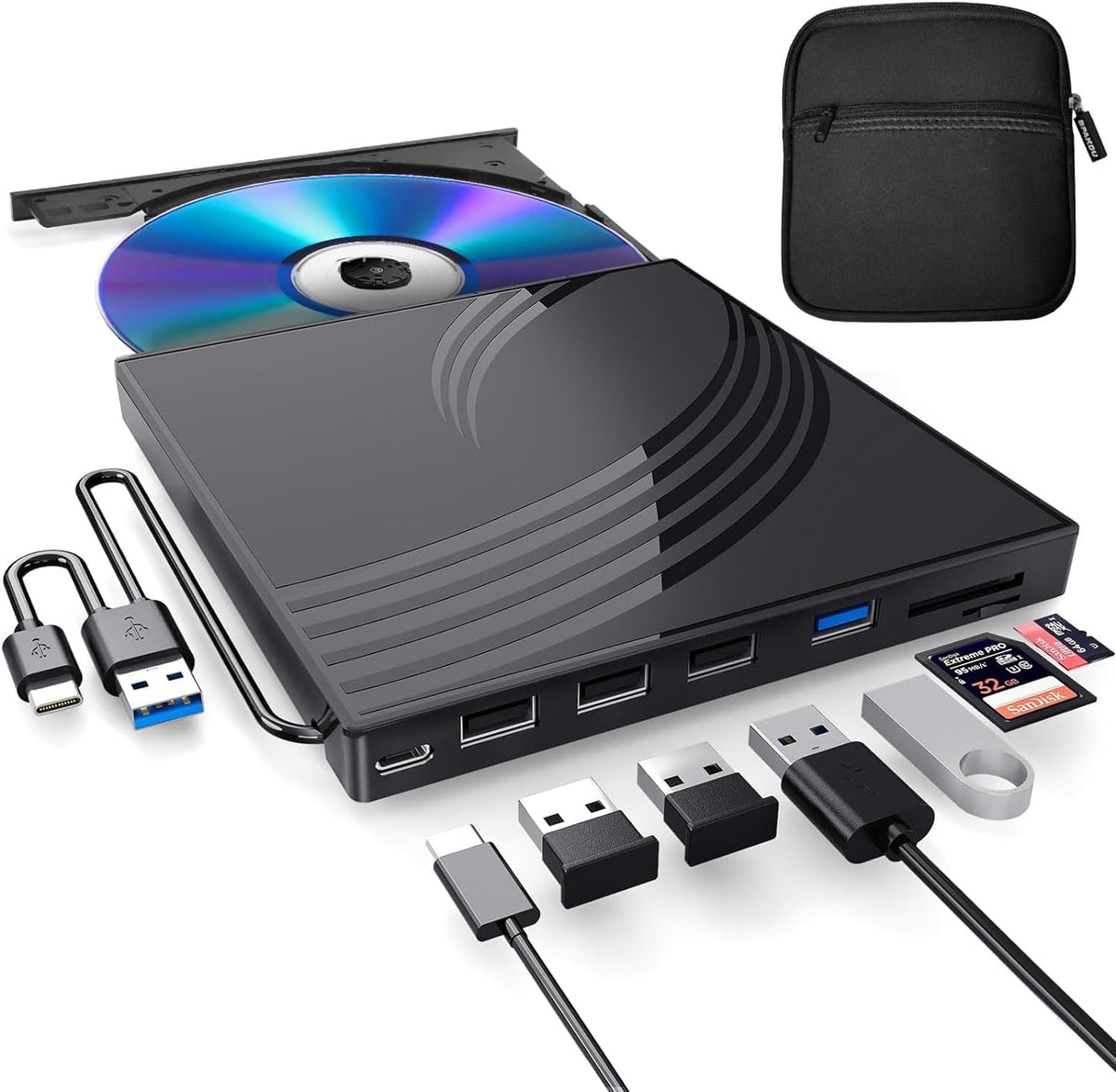 BPAKDU Unidad Externa de CD/DVD para Laptop | con Estuche, 4 Puertos USB, 2 Ranuras TF/SD, Lectora y Grabadora  ( articulo viene como se observa en la segunda imagen )
