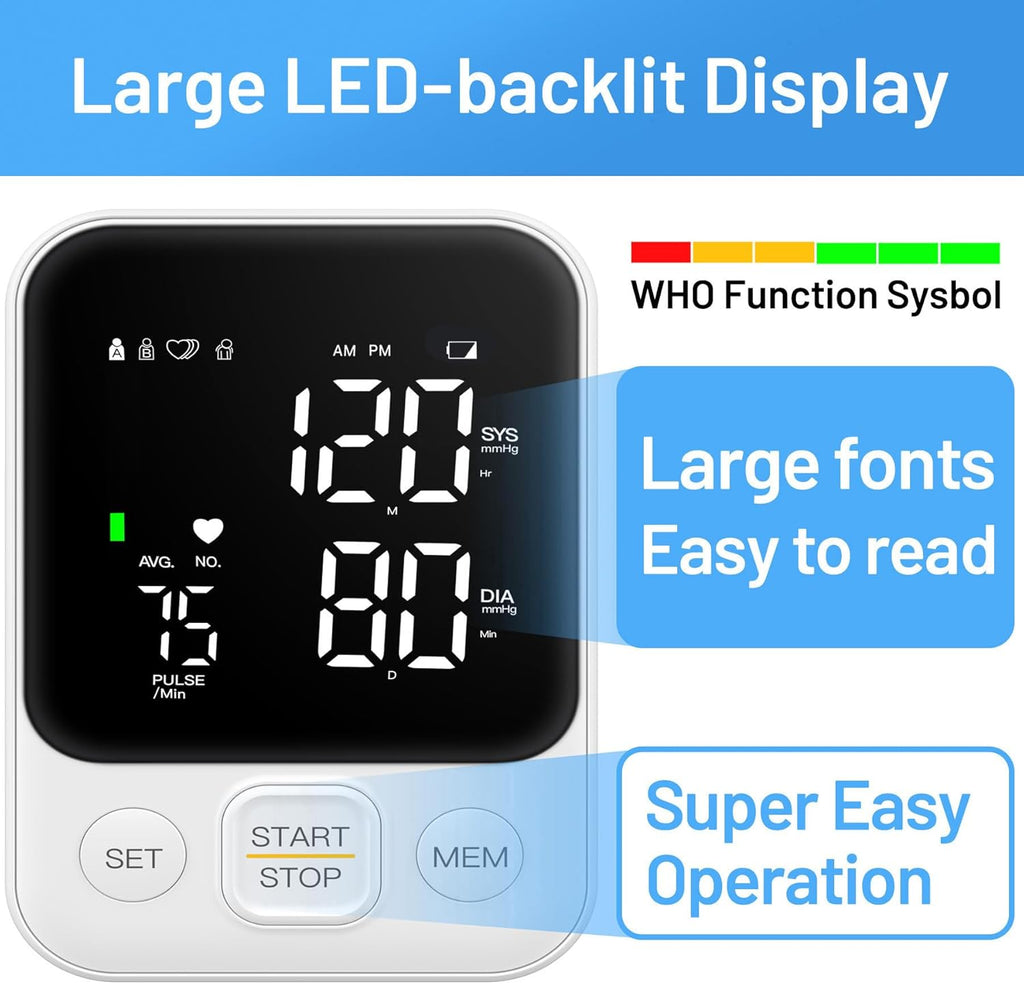 Monitor de presión arterial máquina de brazo superior preciso manguito BP ajustable kit pantalla led retroiluminada 2 usuarios 240 conjuntos de memoria incluye bolsa de almacenamiento blanco