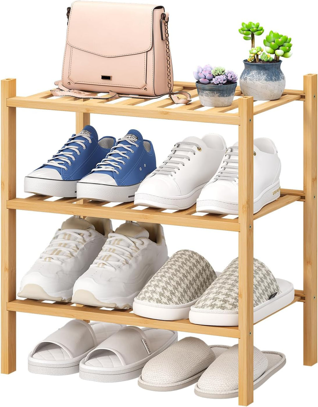 Viewcare Zapatero pequeño, zapatero de 3 niveles para entrada, estante de madera de bambú para armario y pasillo, 43,7 cm de largo | Hermoso | Funcional | Resistente | Duradero