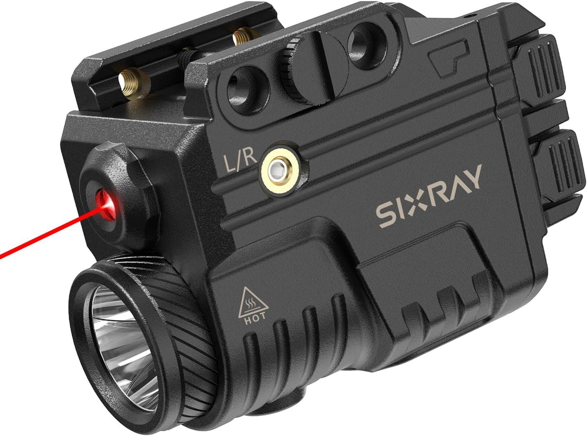 Linterna y láser rojo recargable SIXRAY para pistola, combo de linterna táctica de 600 lúmenes con haz rojo, luz estroboscópica, carga magnética, compatible con riel Picatinny.