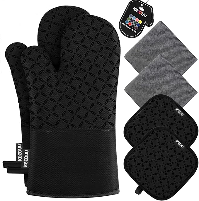 KEGOUU Juego de 6 manoplas para horno y soportes para ollas, guantes para horno de cocina, resistentes al calor, 500 grados, extra largos, agarraderas y agarraderas con superficie de silicona