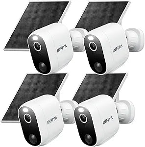 INFIYA Pack 4 Cámaras de Seguridad Inalámbricas Exterior | Solar y Batería | 2K 2.4G | Detección IA | Visión Nocturna Color | Audio Bidireccional | Compatible con Alexa