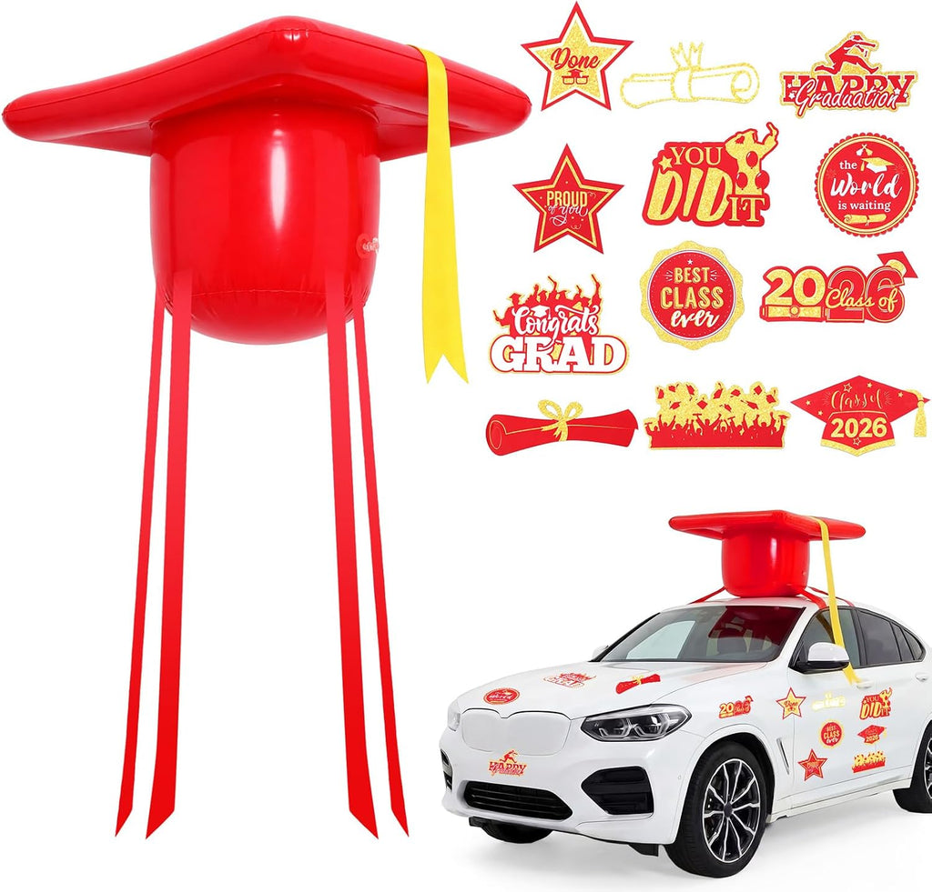Kit de decoración para carrito de golf de fiesta de graduación Teyva Daily para la promoción de 2026: Gorro de graduación inflable grande de PVC de 20 pulgadas y 18 imanes adhesivos de graduación para la fiesta de graduación de 2026 (rojo).