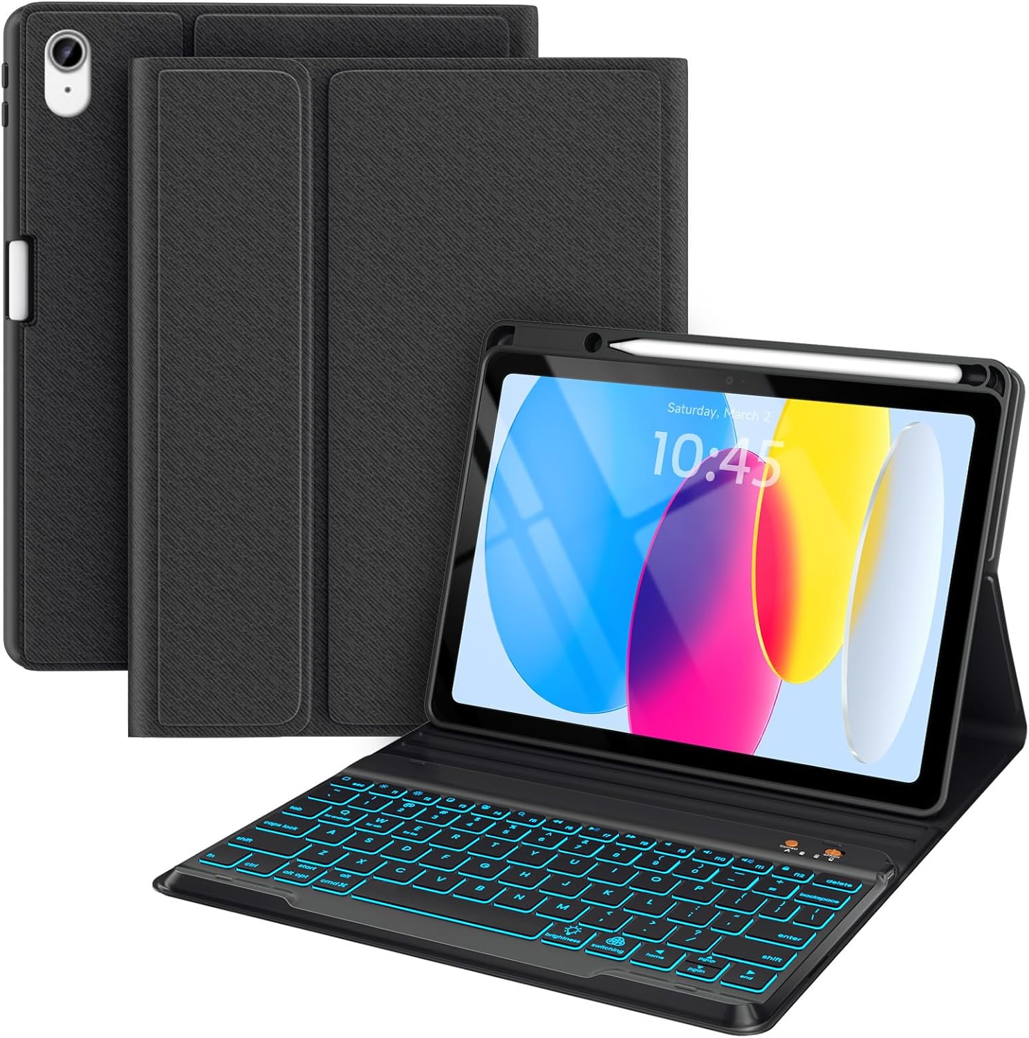 BLUTLOTUS for iPad 11th A16 10th Generation Case with Keyboard - 7 Colors Backlit Wireless Detachable Folio Keyboard Cover with Pencil Holder for iPad 11'' A16 2025 10th Gen 10.9 Inch 2022 (Black)