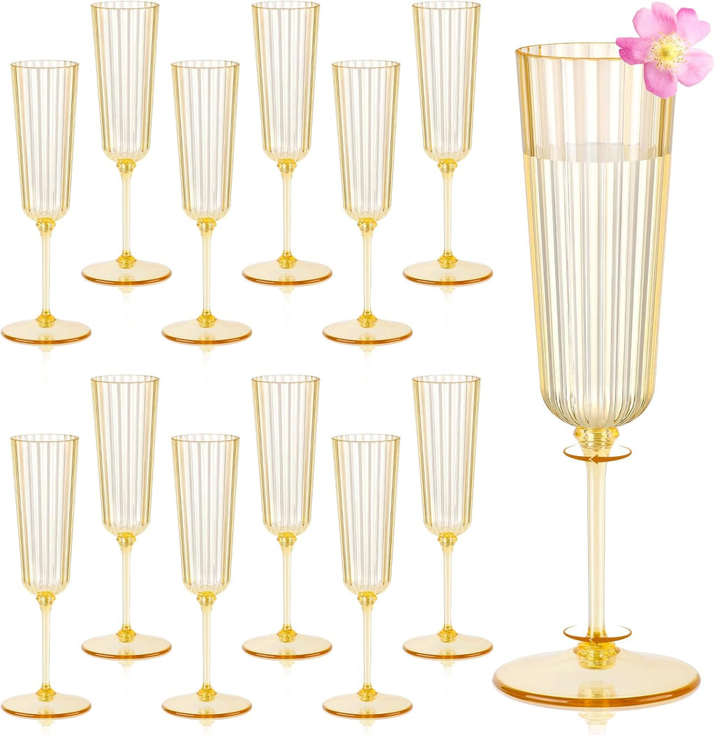 Pack 12 Copas de Champagne de Plastico Doradas Irrompibles | Flautas Acanaladas Desmontables 162ml Desechables para Bodas Fiestas