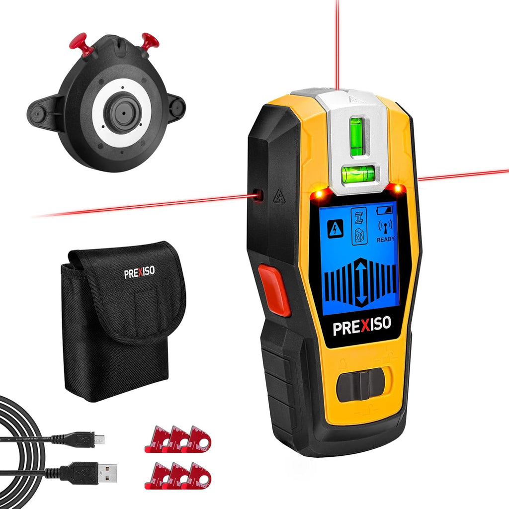Detector de Vigas 2 en 1 PREXISO con Nivel Láser | Escáner Multisuperficie Recargable de Línea Cruzada | Detecta Madera, Metal y Cables AC