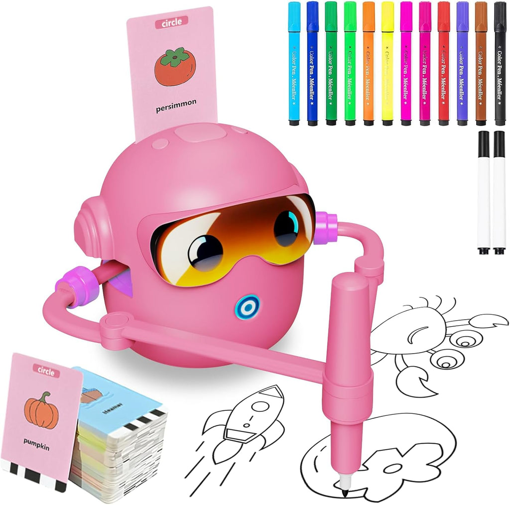 Juguete robot de dibujo Peledic para niños con 100 tarjetas de palabras y 12 bolígrafos de colores, máquina de dibujo educativa interactiva con voz, juguetes de pintura Montessori para niños y niñas de 3, 4, 5, 6, 7 y 8 años, regalos de Pascua (rosa).