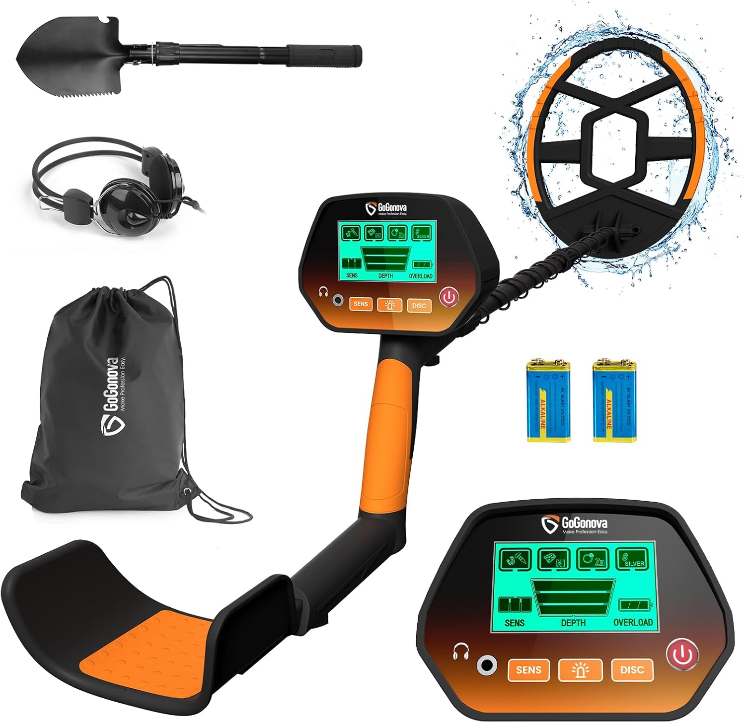 GoGonova Metal Detector for Adults & Kids - 2 Modes (All Metal & Disc) - IP68 Waterproof 8" Coil - 8" Detection Depth - LCD Display + Backlight - Adjustable 39.3"-51.3" - Complete Kit