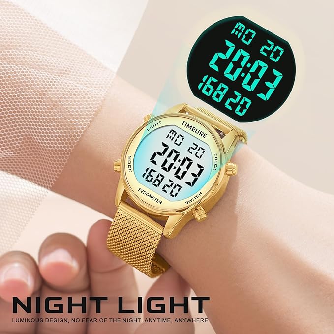 TIMEURE Reloj Contador de Pasos para Mujer — Pulsera Acero Inoxidable, Sin App, Sin Carga, Dorado TU-2401