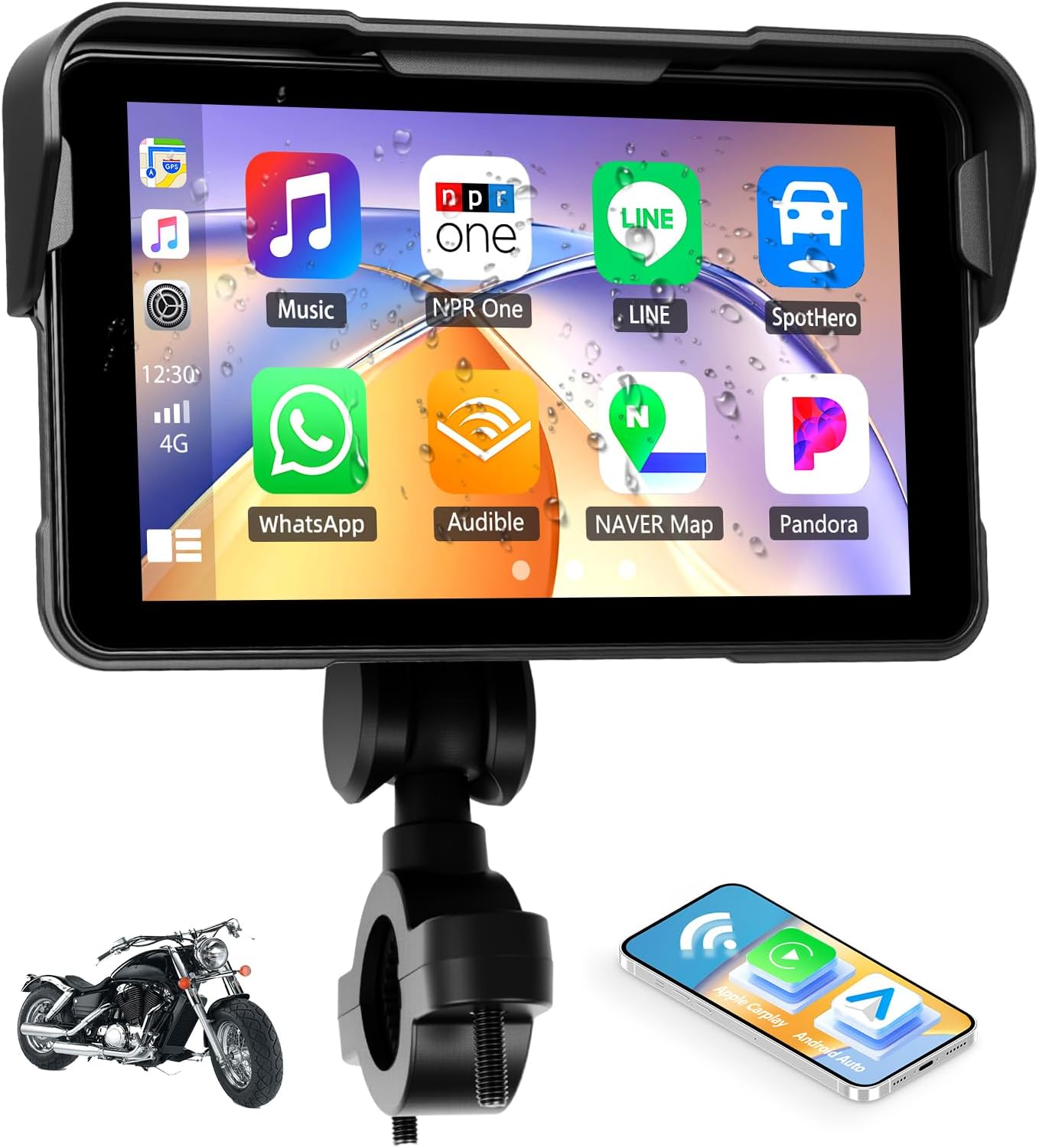 Pantalla CarPlay Inalámbrico para Moto – 5" IPS | Android Auto | GPS | Bluetooth | IP68 | Monitor de Presión de Llantas